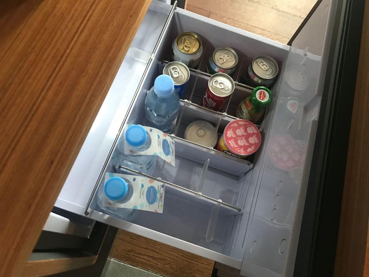 Well-stocked minibar with a variety of drinks and snacks at Dongdaemun Novotel Ambassador Hotel.